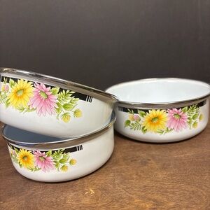 Vintage Floral Enamel Bowls with Silver Rim
